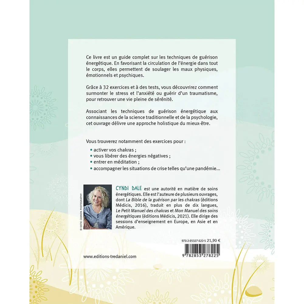Le guide de la guérison énergétique de Cyndi Dale, illustré par le verso de sa couverture qui présente un résumé textuel et un portrait de l'auteure sur fond blanc et bleu turquoise.