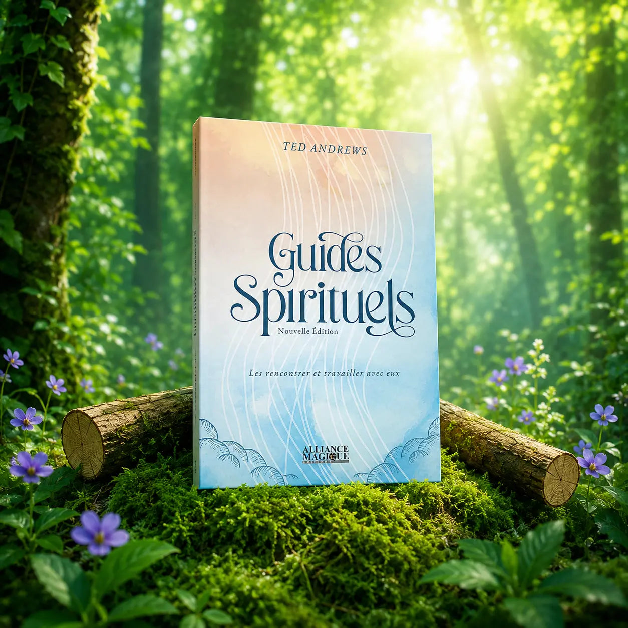 Livre Les Guides Spirituels sur mousse sacrée au pied d'un arbre, entouré de fleurs violettes sous des rayons de soleil magiques.