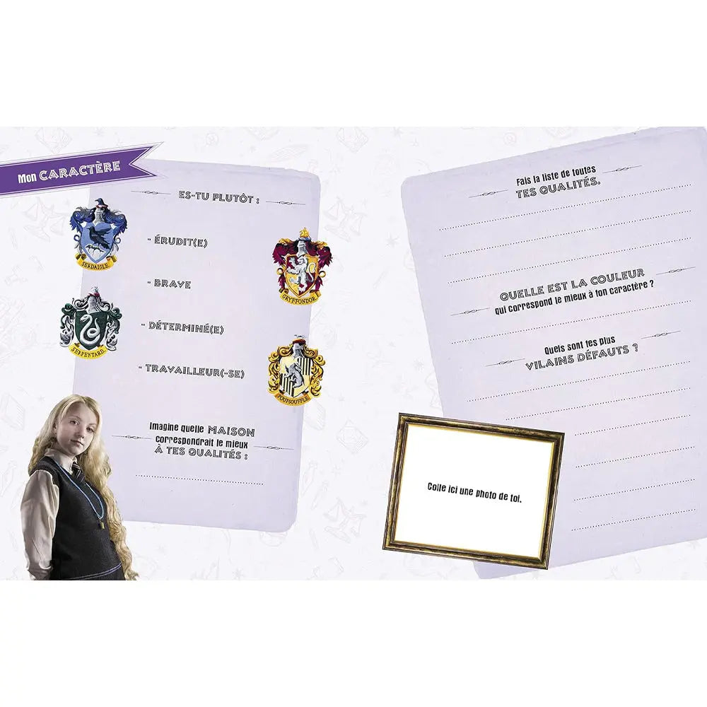 Harry Potter - Mon journal secret de sorcière, une double-page intérieure intitulée « Mon CARACTÈRE » permettant de définir ses traits de personnalité et sa maison de Poudlard (Serdaigle, Gryffondor, Serpentard, Poufsouffle), illustrée d'un portrait de Luna Lovegood en uniforme et d'un cadre pour y coller sa photo.