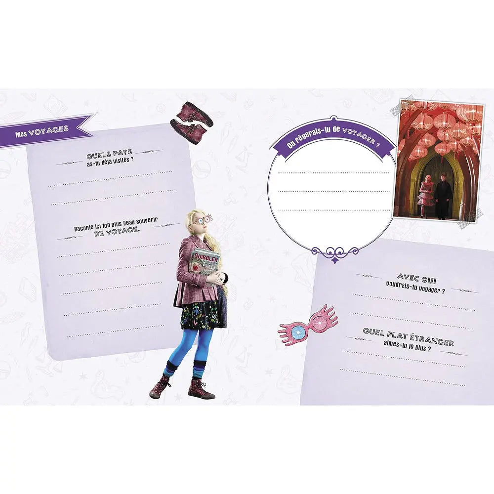 Harry Potter - Mon journal secret : double-page « Mes voyages » illustrée de Luna Lovegood avec ses lorgnospectres et le Chicaneur.