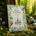 Livre blanc L'Herbier de l'Alchimiste de Karen Harrison posé contre un arbre, illustré de plantes botaniques et d'un alambic ancien au centre.