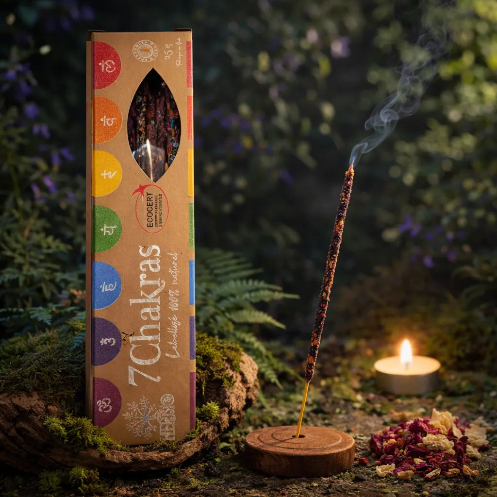 Boîte d'encens Herbio 7 Chakras aux symboles colorés avec bâtonnet fumant sur porte-encens bois et fleurs séchées
