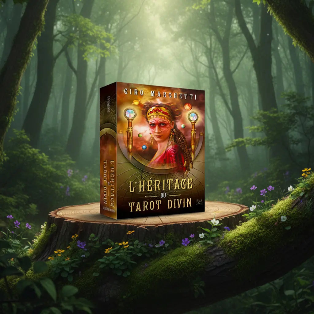 Coffret L'Héritage du Tarot Divin de Ciro Marchetti posé sur une souche, illustré d'une femme au regard intense portant une coiffe ornée, entourée de sphères planétaires et d'instruments dorés.