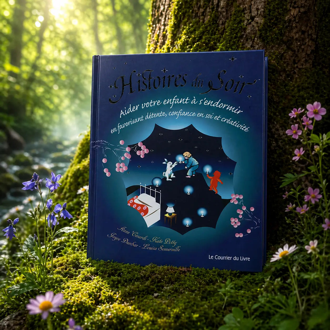 Livre bleu Histoires du Soir Aider votre Enfant à s'endormir illustré par un enfant et un lapin partageant une lumière magique dans un décor étoilé.