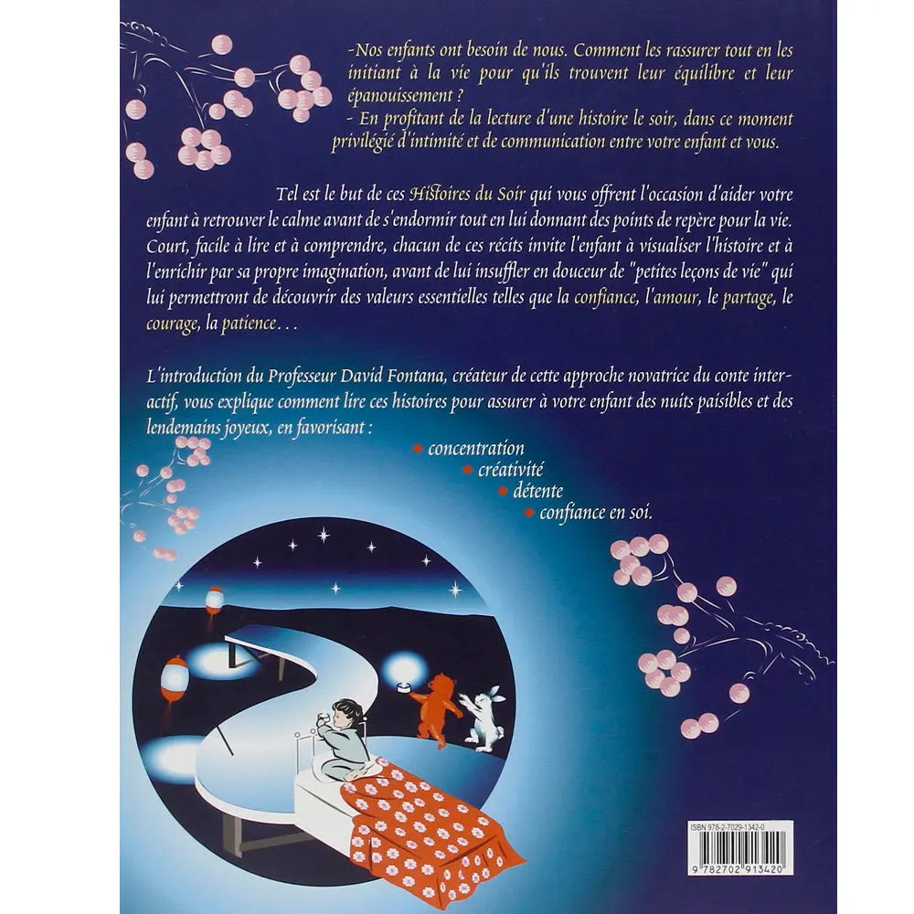 Quatrième de couverture du livre "Histoires du Soir" avec résumé, mention du Professeur David Fontana et code ISBN.