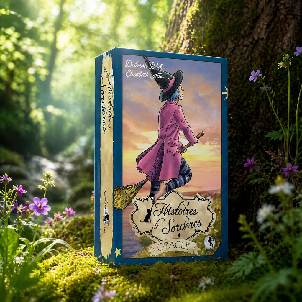 Coffret bleu Histoires de Sorcières - l'Oracle montrant une sorcière en manteau rose sur son balai survolant un paysage au soleil couchant.