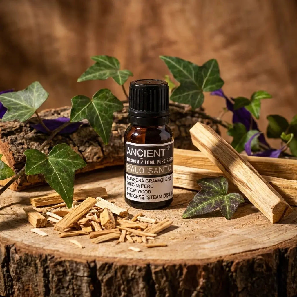 Huile essentielle de palo santo 10 ml, flacon ambré avec bouchon noir posé sur rondin de bois avec éclats et bâtons de palo santo.