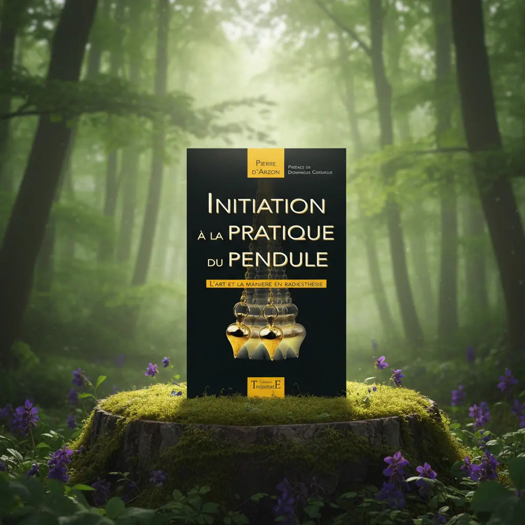 Livre noir et or Initiation à la pratique du pendule de Pierre d'Arzon posé sur une souche, illustré de trois pendules dorés suspendus.