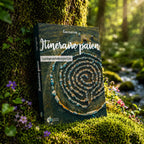 Livre Itinéraire Païen posé dans la mousse près d'un ruisseau, illustré d'une vue aérienne d'un labyrinthe de pierres sacrées au cœur de la nature.