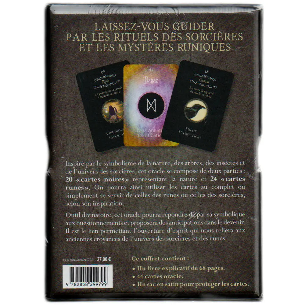 Dos du coffret L’oracle de la sorcière noire et des runes, fond gris texturé avec texte de présentation, trois cartes illustrées et code-barres.