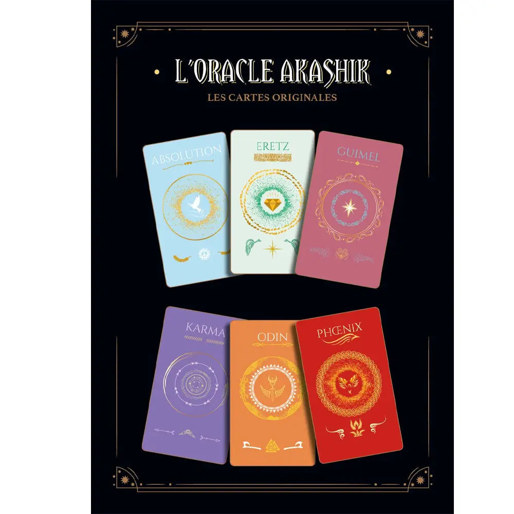 L'Oracle Akashik six cartes colorées aux symboles ésotériques dorés présentées sur un fond noir élégant.