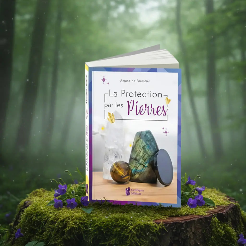 Livre La Protection par les Pierres d'Amandine Forestier posé sur une souche moussue, illustré d'un cristal de roche, d'un œil-de-tigre, d'une labradorite et d'un disque noir.