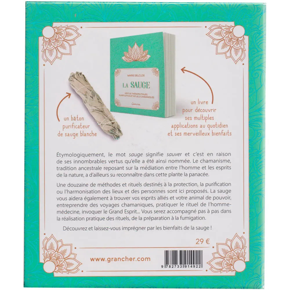 La Sauge - Le livre & le bâton purificateur illustré par le dos du coffret, présentant les visuels du livre, du bâton de sauge et un résumé explicatif.
