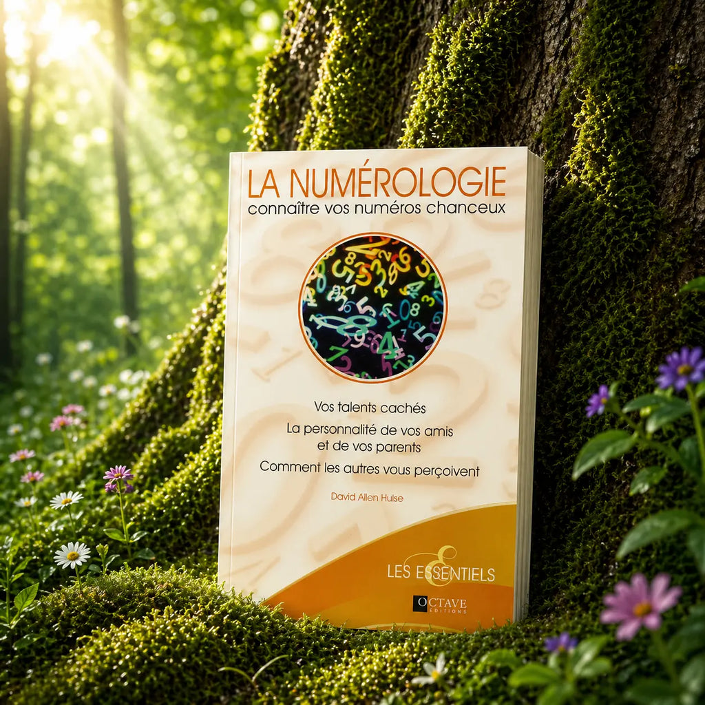 Livre La Numérologie sur mousse sacrée au pied d'un arbre, entouré de fleurs violettes sous des rayons de soleil magiques.