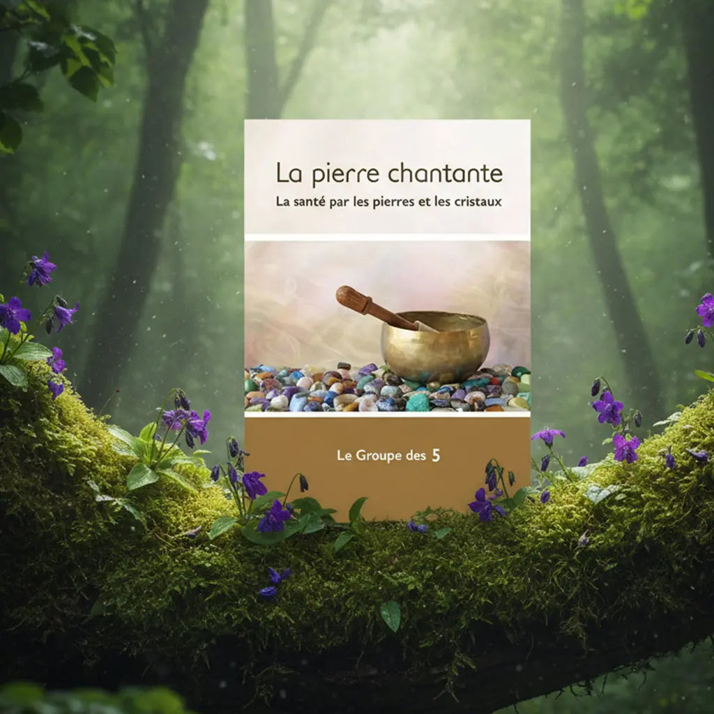 Livre La Pierre Chantante - La Santé par les Pierres et les Cristaux du Groupe des 5 posé sur une branche moussue, illustré d'un bol chantant tibétain sur un lit de pierres colorées.