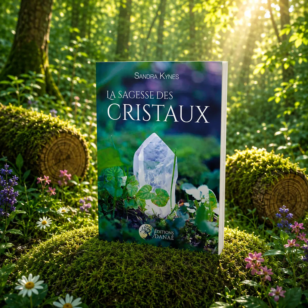 Livre La Sagesse des Cristaux sur mousse sacrée au pied d'un arbre, entouré de fleurs violettes sous des rayons de soleil magiques.