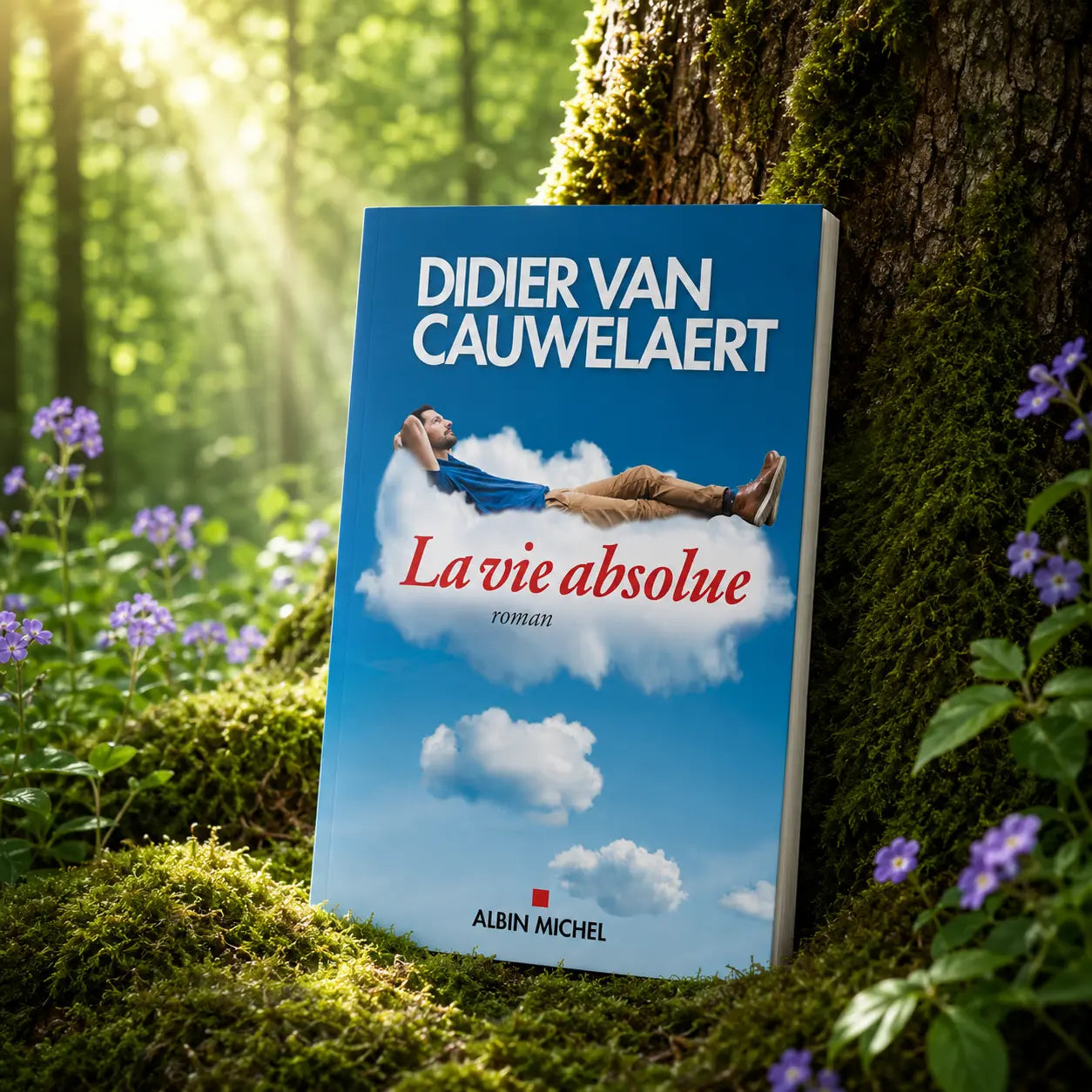 Couverture du roman La Vie Absolue de Didier van Cauwelaert montrant un homme allongé sur un nuage blanc dans un ciel bleu azur.