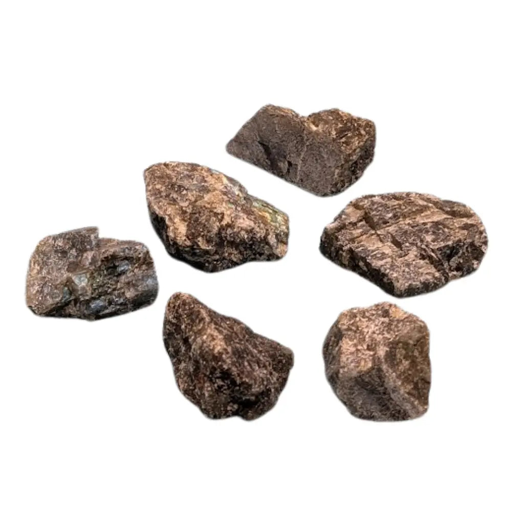 Six morceaux de labradorite brute aux formes irrégulières et à la texture rocheuse brune et grise, présentés en cercle sur un fond blanc uni.