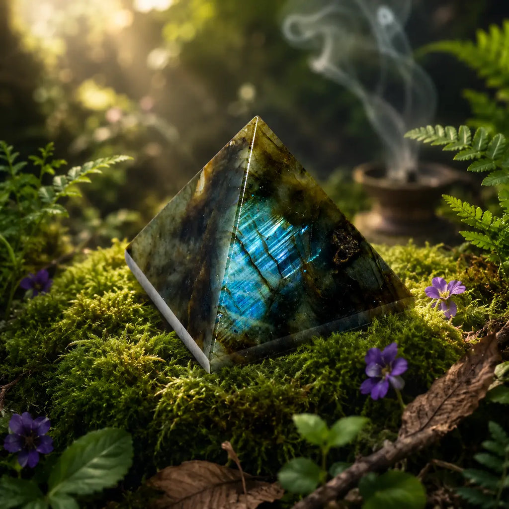 Pyramide en labradorite polie aux reflets métalliques bleus et dorés intenses, posée sur de la mousse verte avec de la fumée de rituel en arrière-plan.