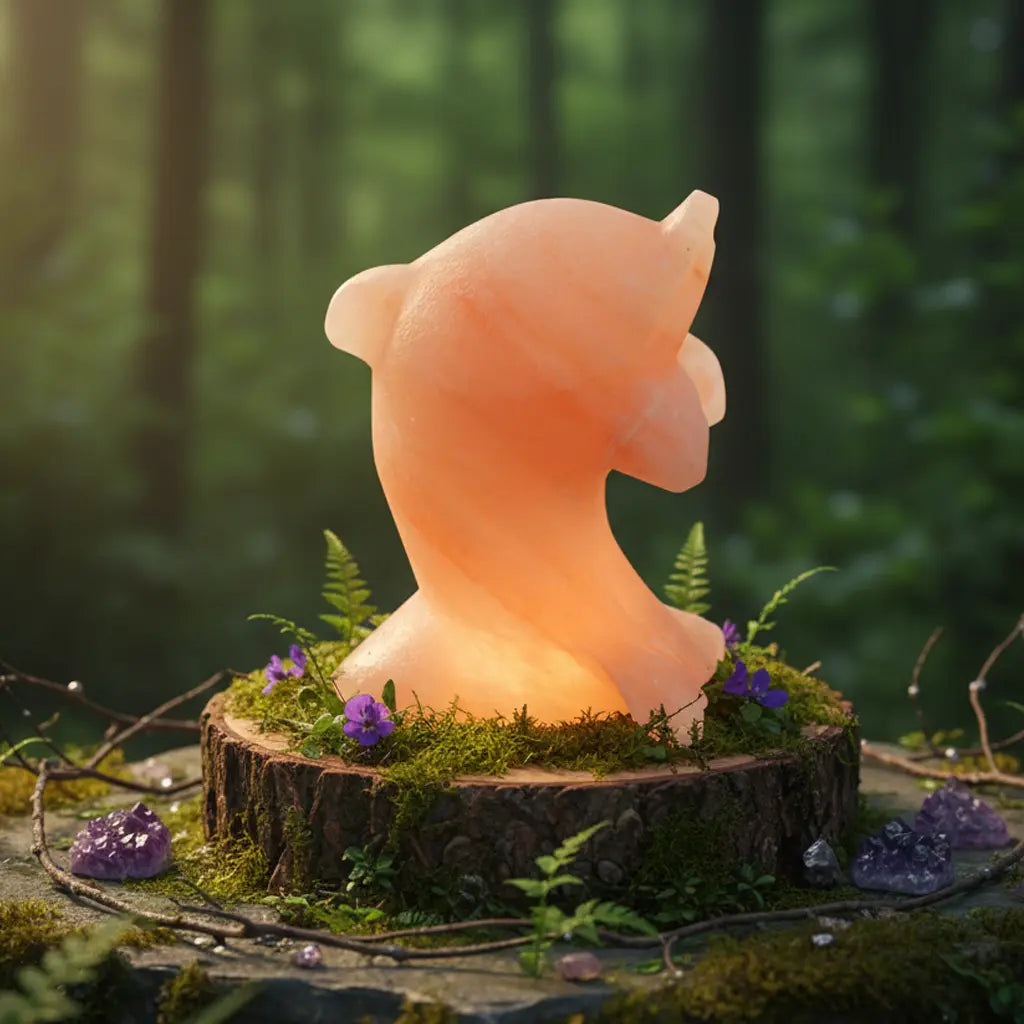 Lampe en véritable Sel de l'Himalaya USB - Dauphin sculptée brillant d'une lumière orangée douce sur un socle en bois, posée sur de la mousse pour ambiance zen.