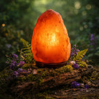 Lampe en véritable sel de l'Himalaya brute et lumineuse sur socle en bois, entourée de cristaux sur de la mousse pour la méditation.