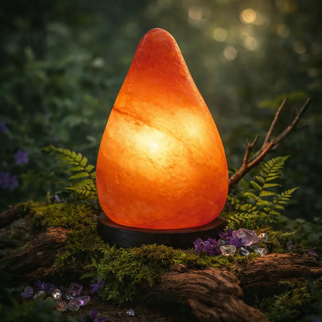 Lampe en véritable Sel de l'Himalaya - Goutte sculptée lumineuse sur socle en bois, posée sur une écorce avec cristaux pour ambiance zen.