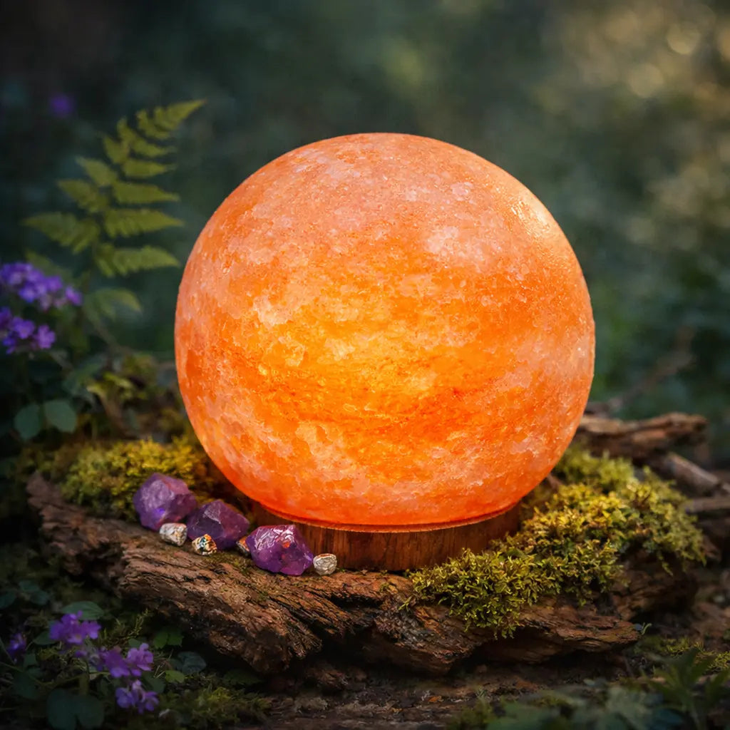 Lampe en véritable Sel de l'Himalaya sphérique lumineuse posée sur une écorce avec cristaux d'améthyste pour ambiance zen et purification.
