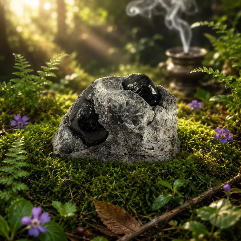 Pierre brute de larme d'apache sur gangue volcanique grise et blanche, révélant des noyaux d'obsidienne noire vitreuse, posée sur de la mousse forestière fleurie avec une fumée de rituel.