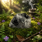 Pierre brute de larme d'apache sur gangue volcanique grise et blanche, révélant des noyaux d'obsidienne noire vitreuse, posée sur de la mousse forestière fleurie avec une fumée de rituel.