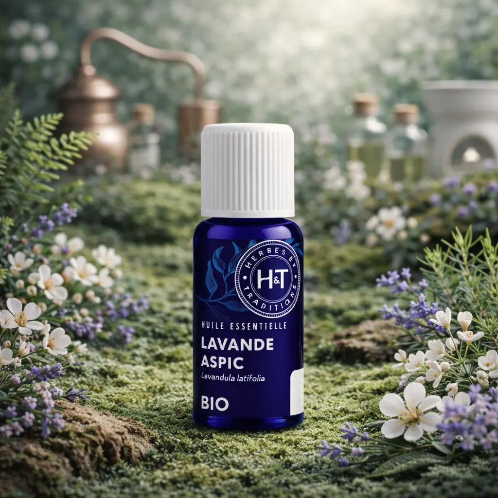 Flacon bleu d'huile essentielle de Lavande Aspic Herbes et Traditions posé sur un sol de mousse verte avec des fleurs de lavande et un alambic en cuivre.