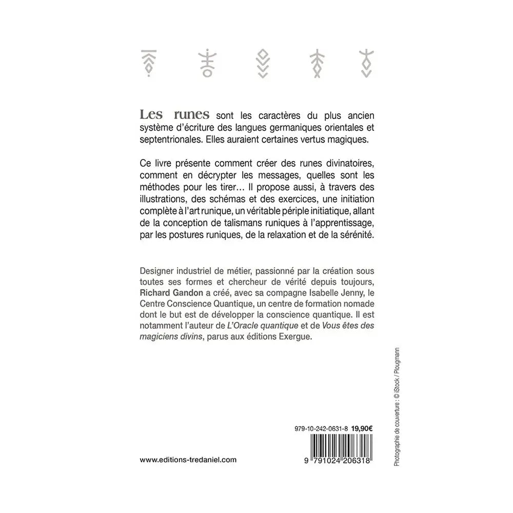 Quatrième de couverture du livre Le grand livre des Runes, fond blanc avec texte de présentation, symboles runiques en haut et code-barres en bas.