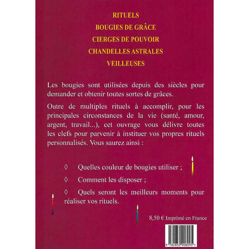Le Livre des Bougies illustré par le verso de sa couverture présentant un résumé des thèmes du livre sur fond bordeaux, complété par trois petites bougies allumées en bas.