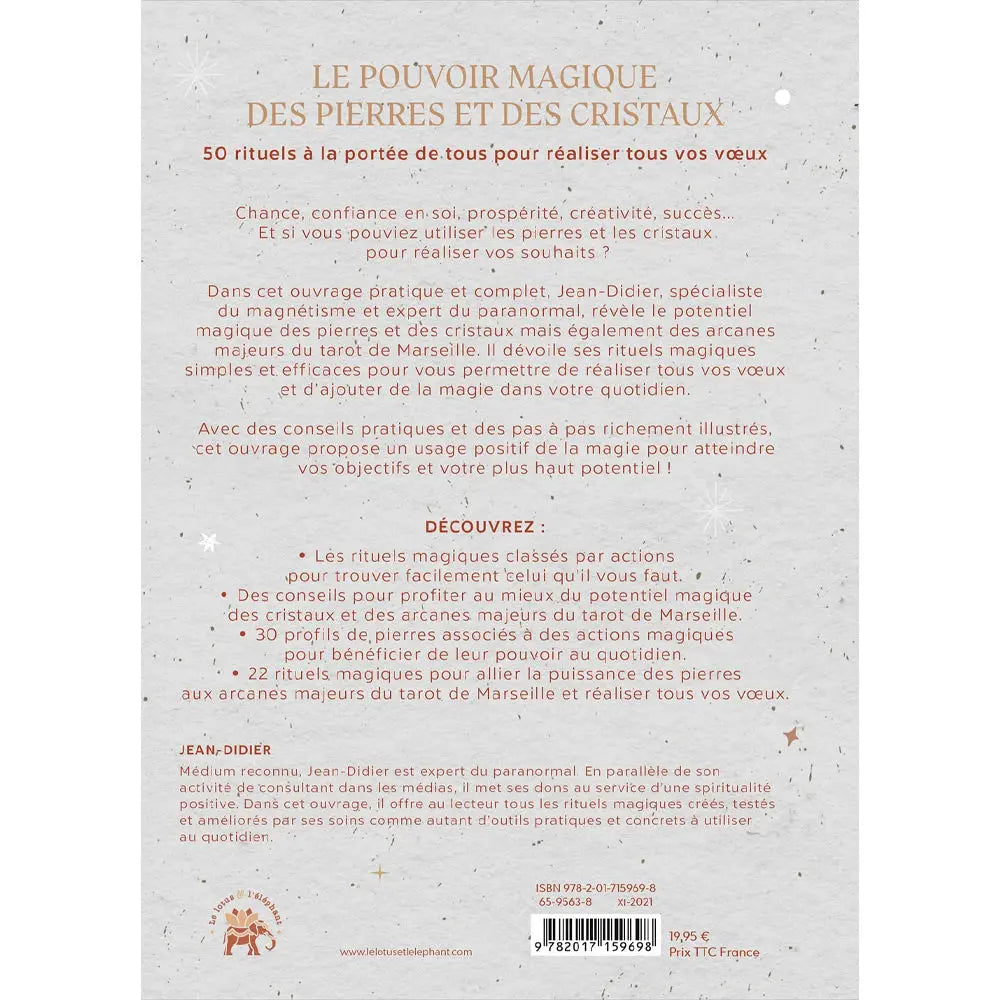 Quatrième de couverture du livre de Jean-Didier présentant le résumé des 50 rituels magiques, une biographie de l'auteur et les informations d'édition sur un fond gris clair étoilé.