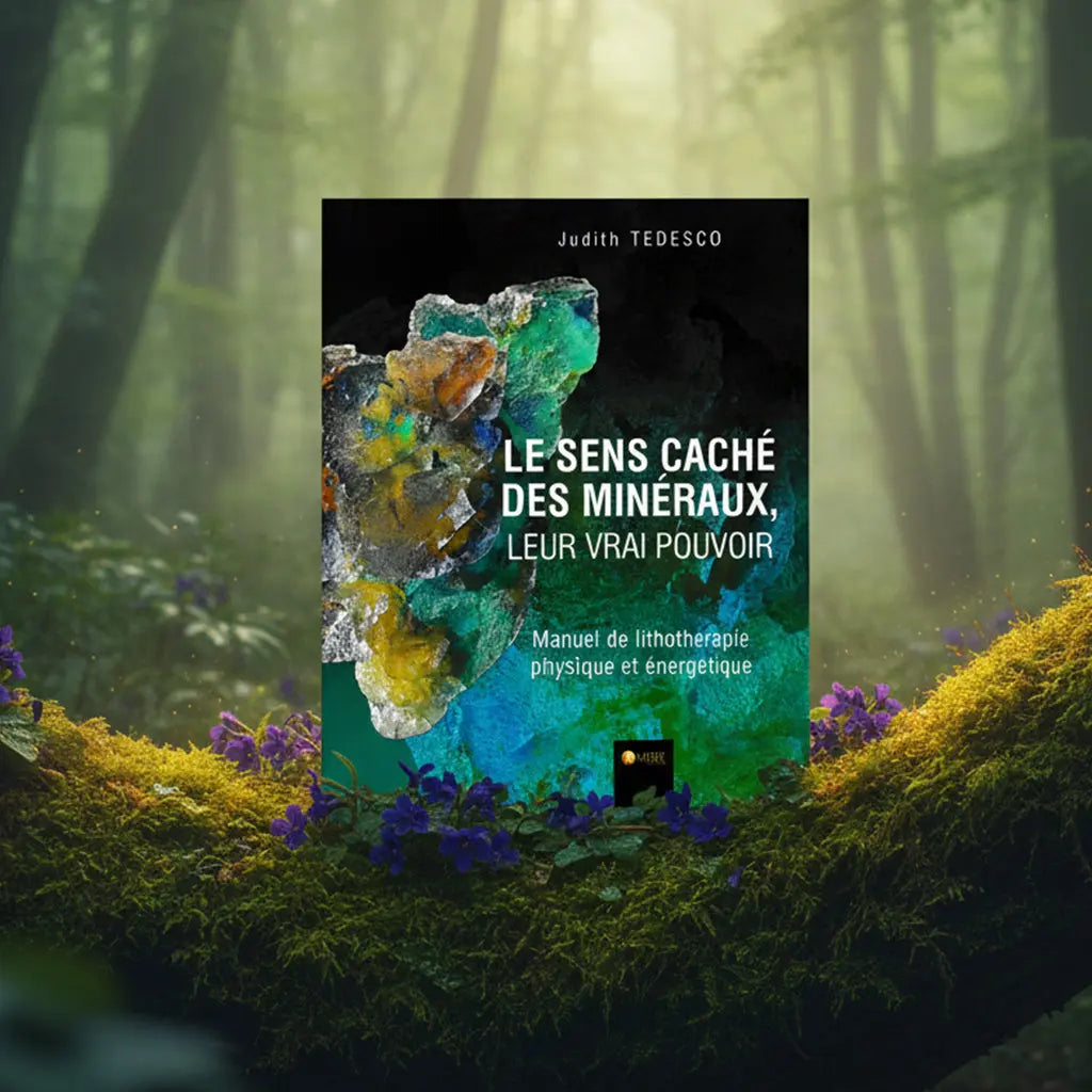 Livre noir Le sens caché des minéraux, leur vrai pouvoir de Judith Tedesco posé sur une souche moussue, illustré d'une formation minérale lumineuse aux éclats bleus, verts et dorés.