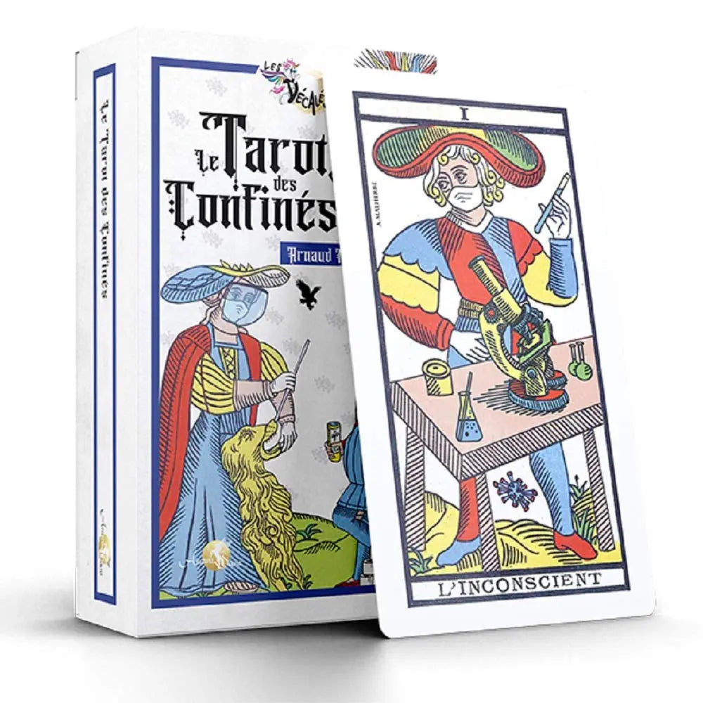 Le Tarot des Confinés : un tarot détourné avec humour (inspiré du Marseille) avec des scènes du quotidien version confinement. Visuel ici : la carte “L’Inconscient” montre un personnage masqué faisant des expériences sur une table.
