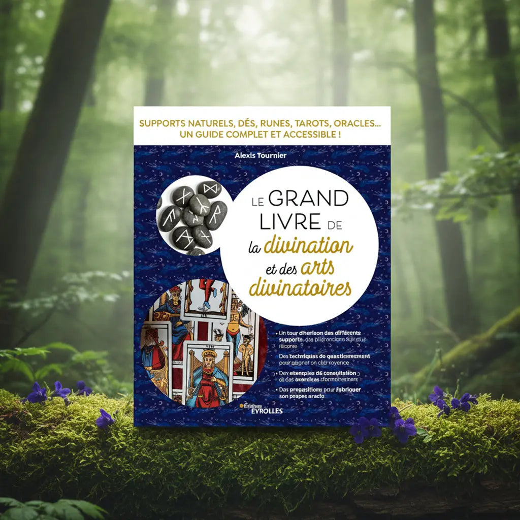 Livre bleu nuit Le Grand Livre de la Divination et des Arts Divinatoires d'Alexis Tournier posé sur une souche, illustré de runes et de cartes de tarot.