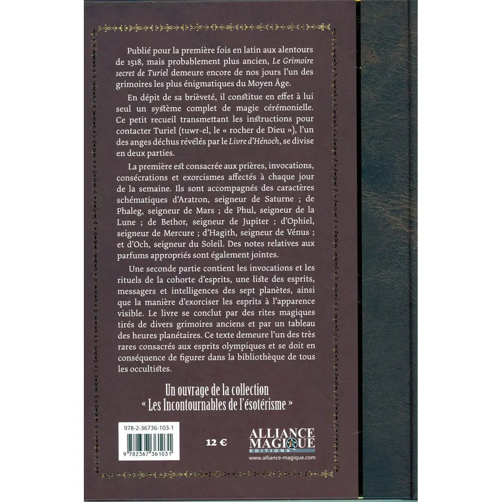 Le Grimoire secret de Turiel illustré par le verso de sa couverture présentant un résumé détaillé du contenu de l'ouvrage sur un fond marron foncé entouré d'une fine frise dorée.