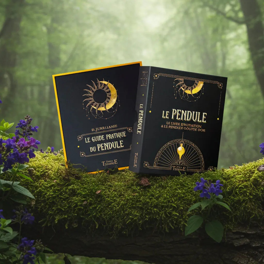 Coffret noir et or avec un pendule goutte dorée posé sur une souche, évoquant l'initiation mystérieuse à la radiesthésie.