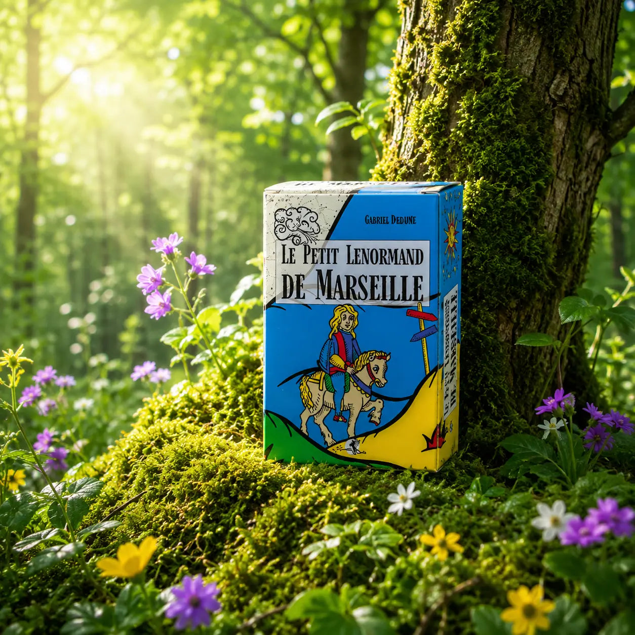 Livre Le Petit Lenormand de Marseille sur mousse sacrée au pied d'un arbre, entouré de fleurs violettes sous des rayons de soleil magiques.