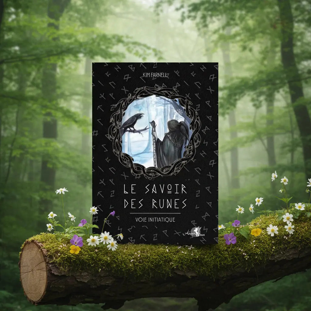 Livre noir mystique Le Savoir des Runes de Kim Farnell posé sur une souche, illustré d'un corbeau et d'une figure encapuchonnée dans un décor hivernal.