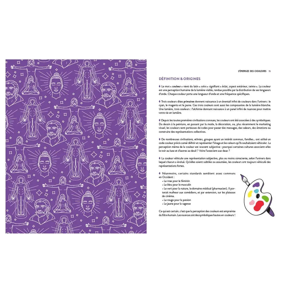 Double page du livre "Les Flammes Sacrées" présentant la définition et les origines de la symbolique des couleurs.