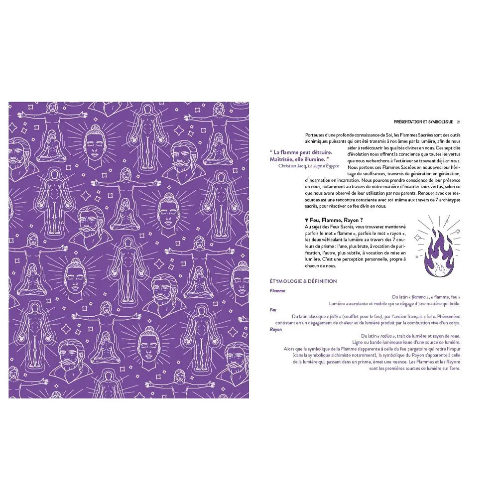 Double page intérieure du livre "Les Flammes Sacrées" montrant des illustrations de silhouettes humaines et un texte explicatif.