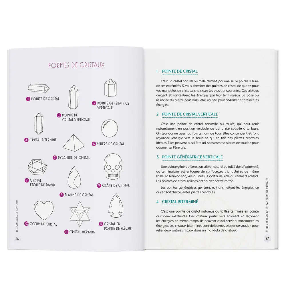 Les Mandalas de Cristaux de Ethan Lazzerini, une double page intérieure de l'ouvrage montrant à gauche un répertoire illustré intitulé "Formes de cristaux" avec douze dessins de gemmes, et à droite des explications textuelles détaillées pour les premières formes.