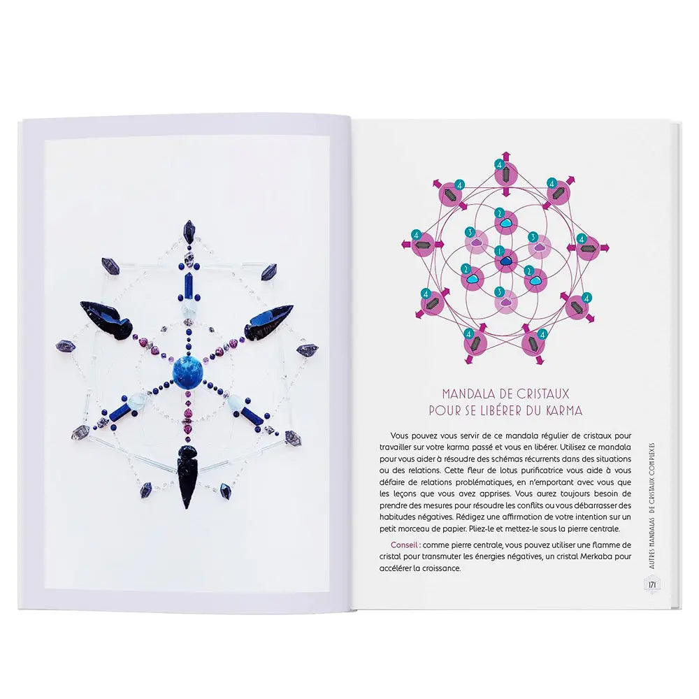 Les Mandalas de Cristaux de Ethan Lazzerini, une double page intérieure de l'ouvrage révélant la photographie d'une grille de cristaux sombres et bleutés à gauche, et son schéma explicatif numéroté intitulé "Mandala de cristaux pour se libérer du karma" à droite.