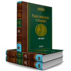 La couverture du livre Plantes medicinales et magiques d'Anne Osmont chez Alliance Magique est présentée debout sur deux autres exemplaires couchés, dévoilant une face verte ornée d'un médaillon de plantes dorées et un dos imitation cuir marron.