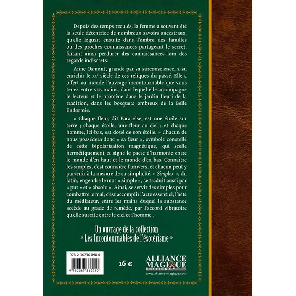 La quatrième de couverture du livre montre le résumé sur fond vert avec bordure dorée, un code-barres et une section marron imitation cuir.