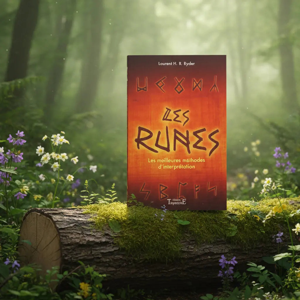 Livre aux teintes rougeoyantes Les Runes de Laurent H.R. Ryder posé sur une souche, illustré de symboles runiques lumineux sur fond de feu.