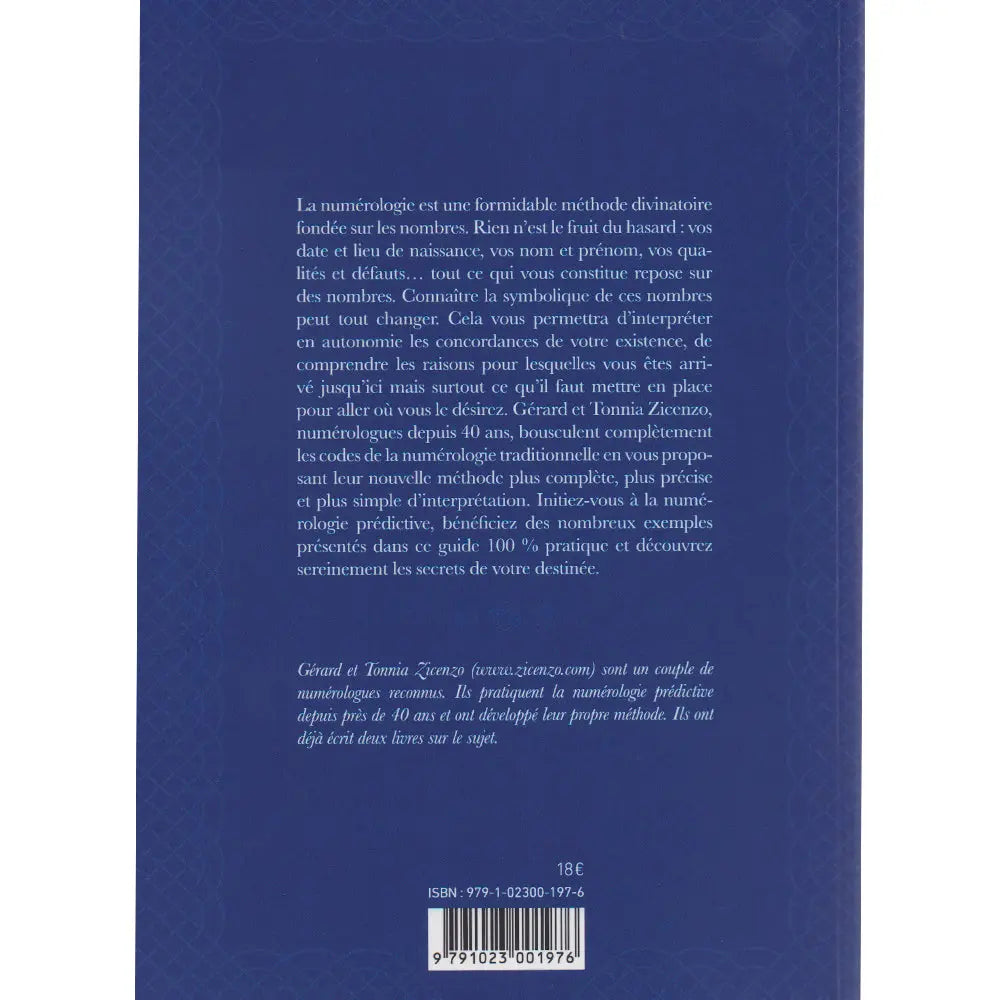 Les Secrets de la Numérologie Prédictive de Zicenzo, sa quatrième de couverture présentant la description de la méthode divinatoire et la biographie des auteurs sur un fond violet profond encadré de tressages géométriques.