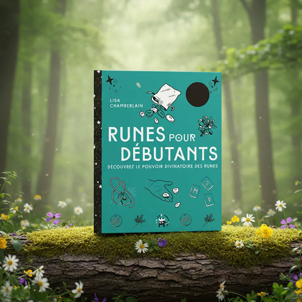 Livre vert d'eau Runes pour Débutants de Lisa Chamberlain posé sur une souche, illustré d'un sac de runes et d'une main lançant les pierres.