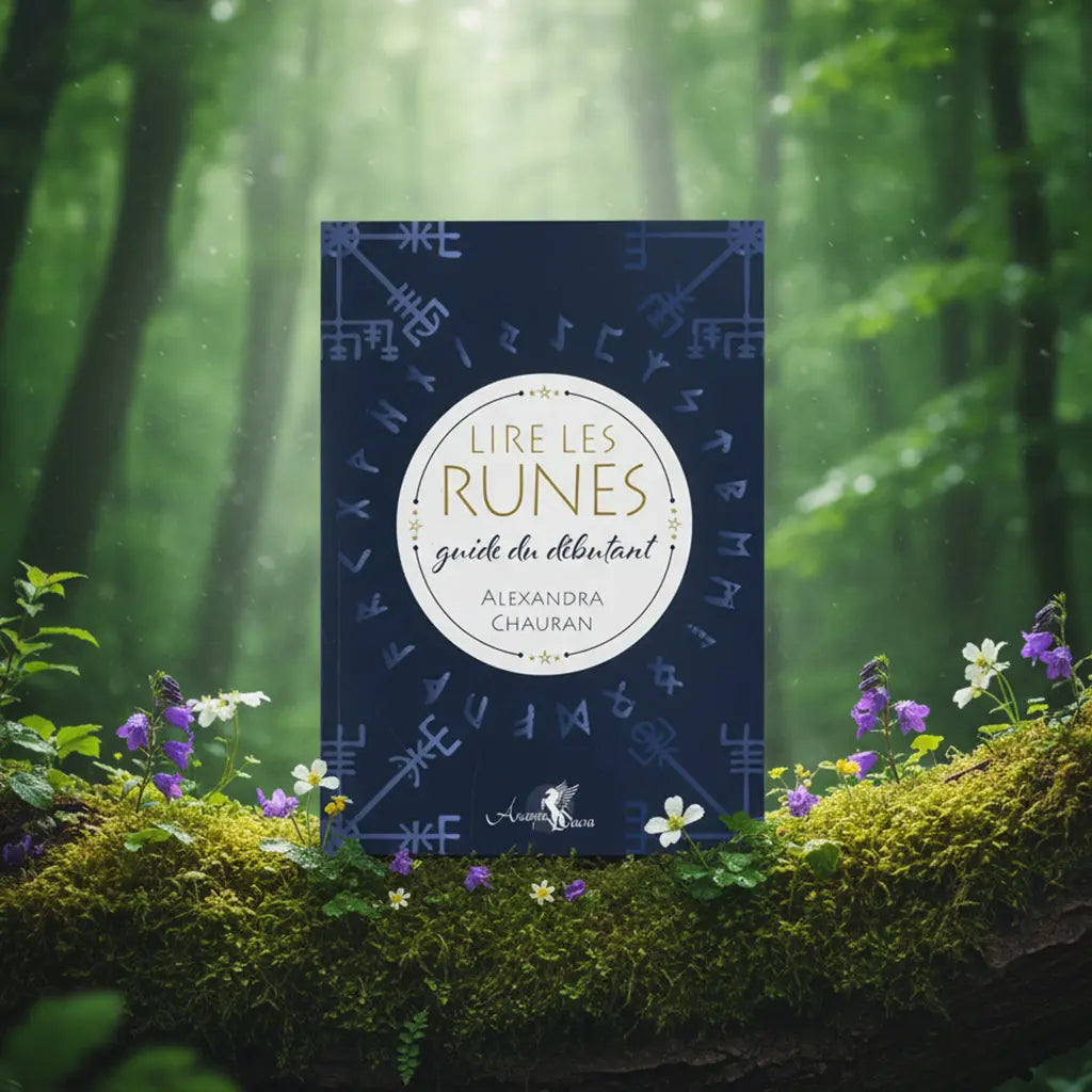 Livre bleu nuit Lire les Runes Guide du Débutant d'Alexandra Chauran posé sur une souche, orné d'un cercle blanc central et de symboles runiques en fond.